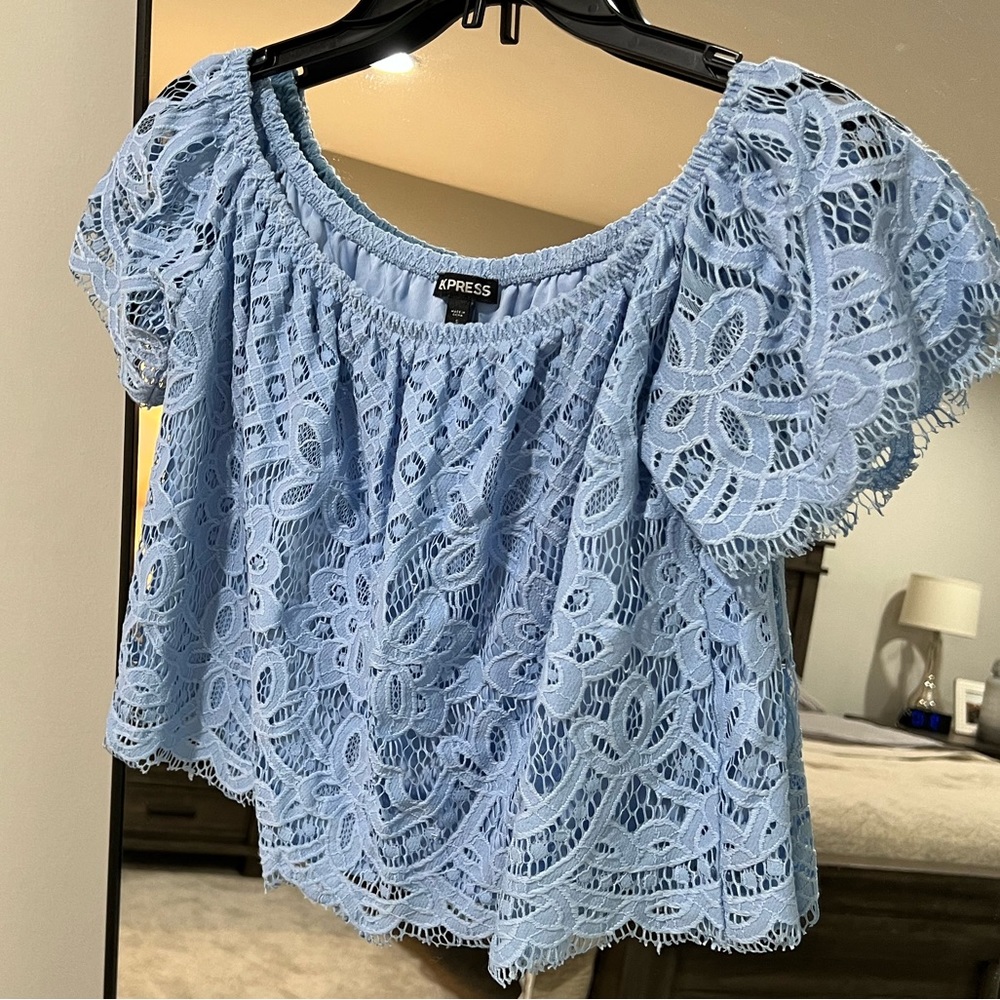 Express: Size Small, Blue Lace, off the shoulder top